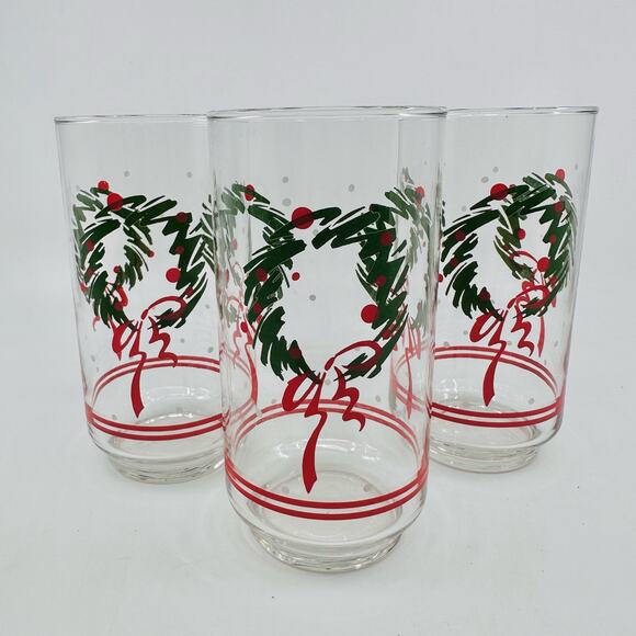 Set of 3 Vintage Libbey Christmas Glasses Green Wreath Red Bow Vtg Xmas Holiday - Picture 1 of 4